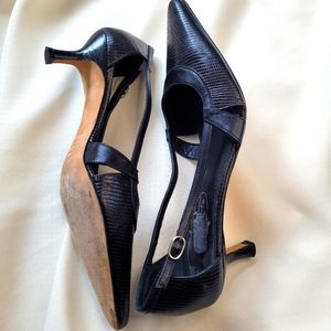 Talbots Pointy Toe Black Faux Snakeskin Buckle Kitten Heels Size 7 1/2